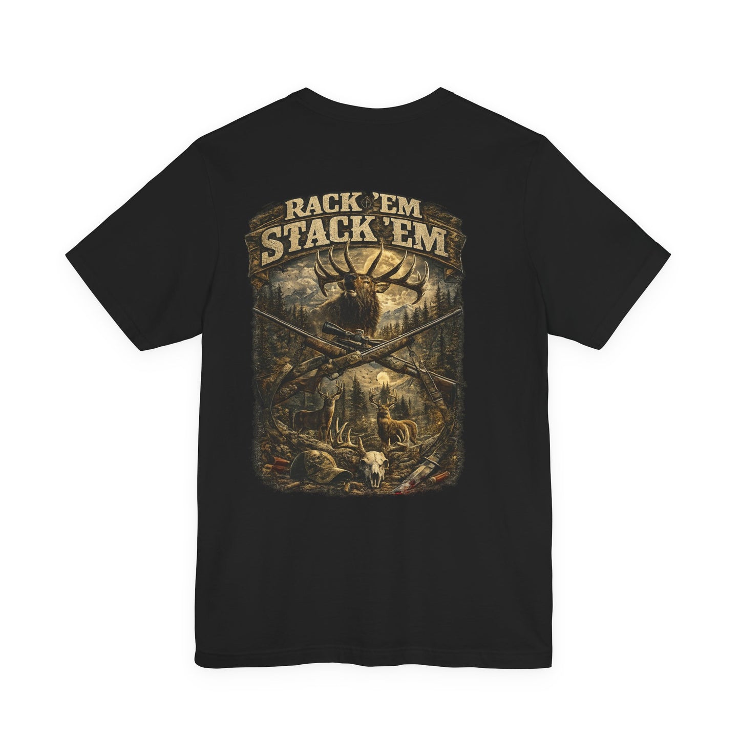 Rack ’Em Stack ’Em™ Hunting Shirt | Vintage Elk Hunter Graphic Tee | Outdoor & Deer Hunting Apparel