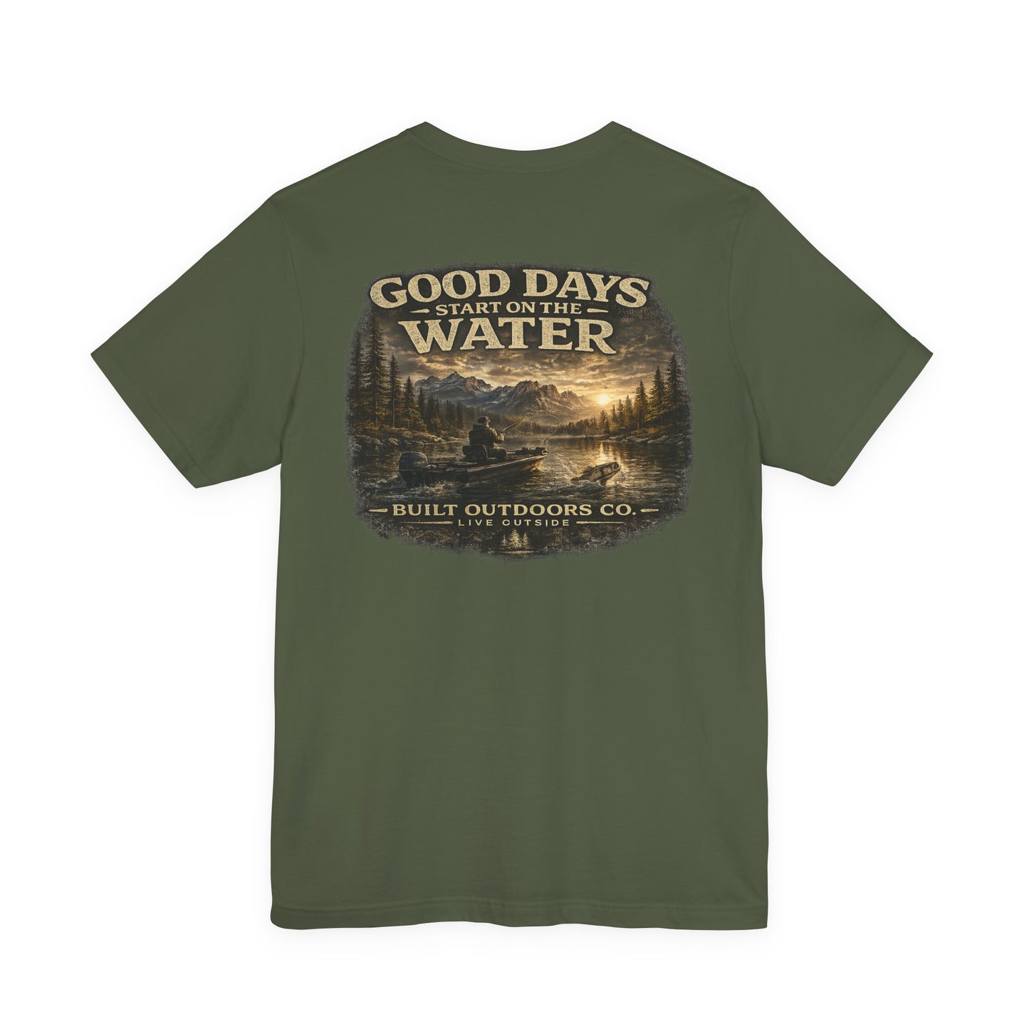 Built Outdoors Co.™ Good Days Start on the Water Fishing T-Shirt | Outdoor Lifestyle Graphic Tee | Fisherman Gift