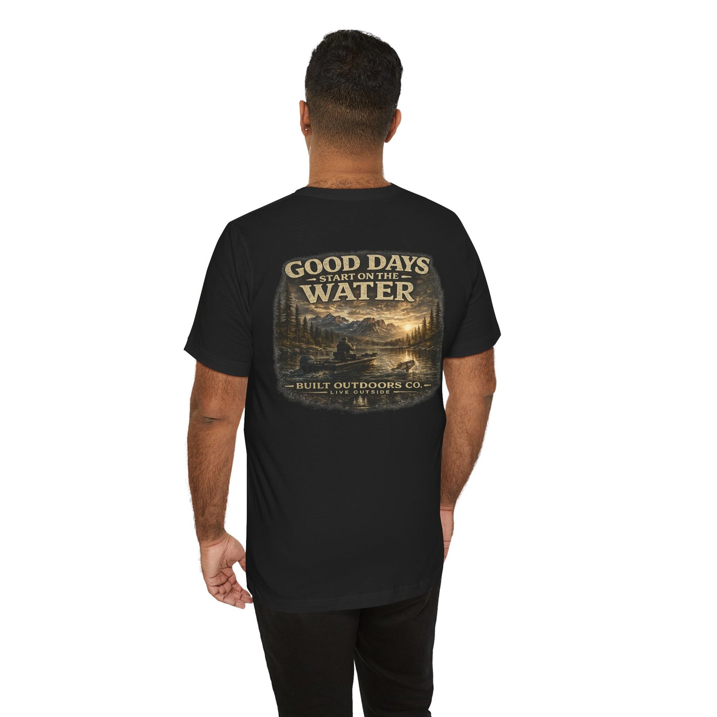 Built Outdoors Co.™ Good Days Start on the Water Fishing T-Shirt | Outdoor Lifestyle Graphic Tee | Fisherman Gift