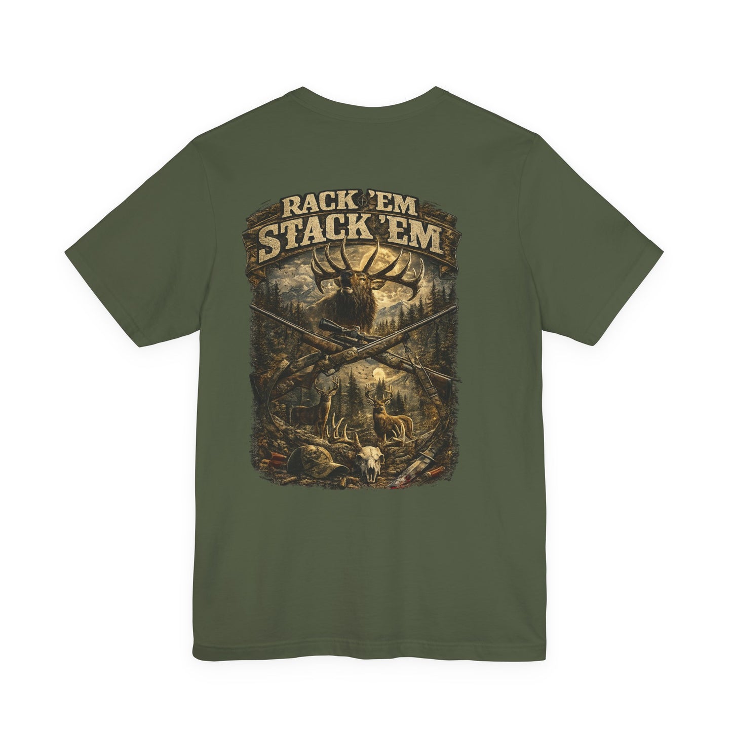 Rack ’Em Stack ’Em™ Hunting Shirt | Vintage Elk Hunter Graphic Tee | Outdoor & Deer Hunting Apparel