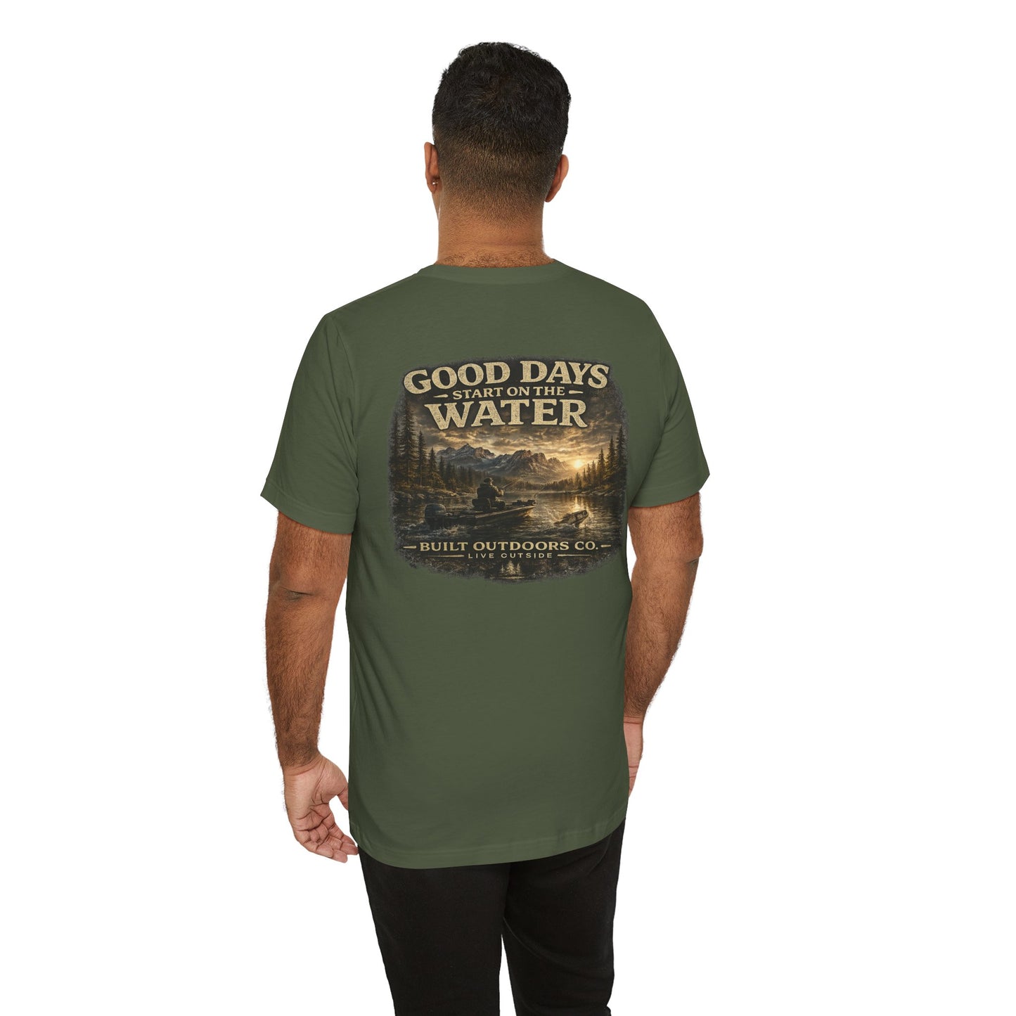 Built Outdoors Co.™ Good Days Start on the Water Fishing T-Shirt | Outdoor Lifestyle Graphic Tee | Fisherman Gift